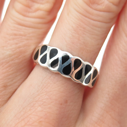 925 Sterling Silver Vintage Real Black Onyx Modernist Zig Zag Ring Size 8.75