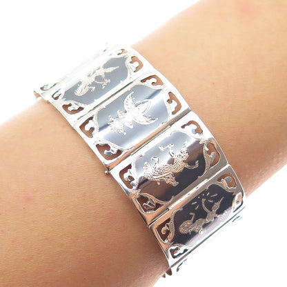 925 Sterling Silver Antique Siam Niello Hindu Goddess Panel Link Bracelet 6.75"