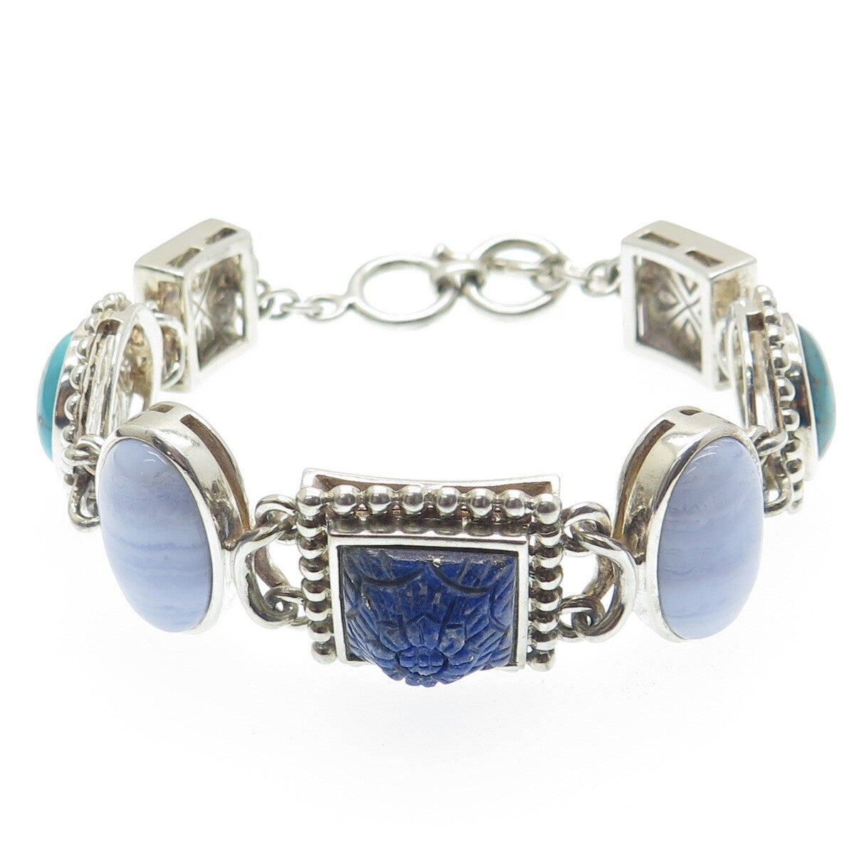 WHITNEY KELLY Sterling Silver Vintage Agate Turquoise Lapis MOP Bracelet 7-7.25"