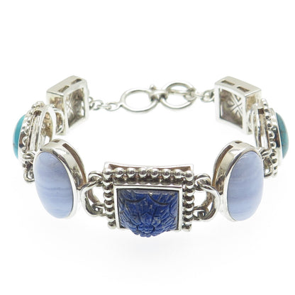 WHITNEY KELLY Sterling Silver Vintage Agate Turquoise Lapis MOP Bracelet 7-7.25"