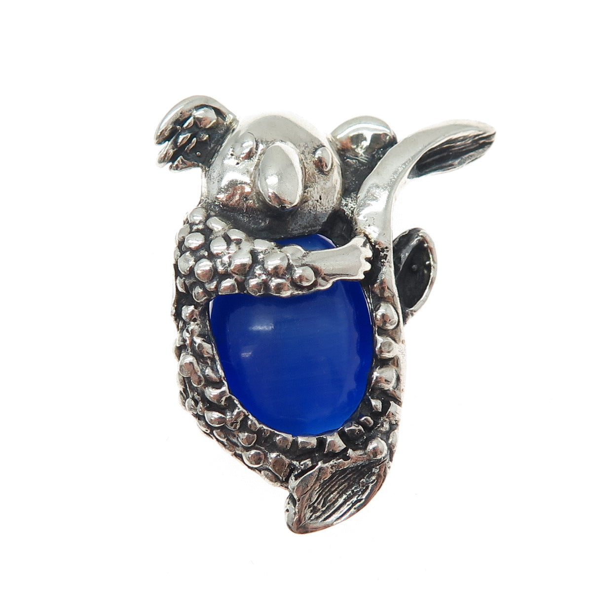 925 Sterling Silver Vintage Fiber Optic Blue Cat's Eye Koala Oxidized Pendant