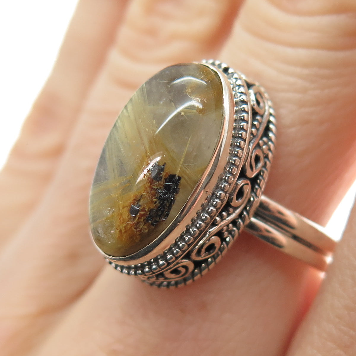 925 Sterling Silver Vintage Real Rutilated Quartz Spiral Oxidized Ring Size 7.25