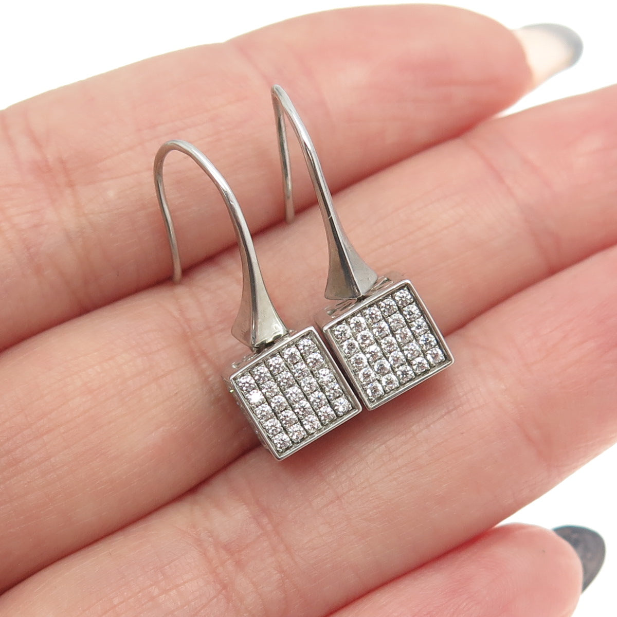 925 Sterling Silver Pave C Z Box Hook Earrings