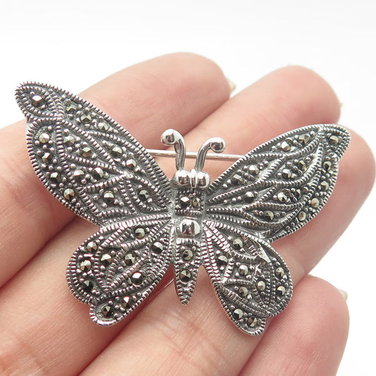 925 Sterling Silver Vintage Real Marcasite Gem Butterfly Pin Brooch