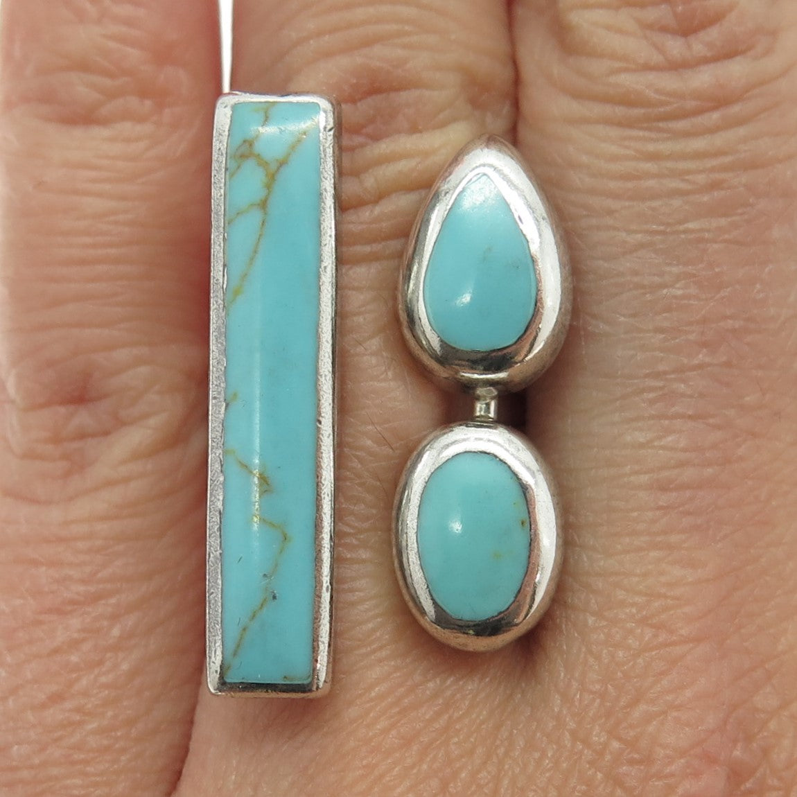 925 Sterling Silver Vintage Mexico Turquoise Gem Gap Statement Ring Size 6.25