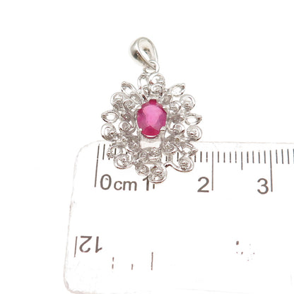 925 Sterling Silver Real Oval-Cut Ruby Floral Charm Pendant