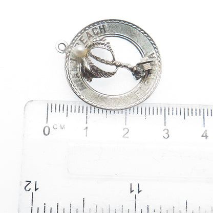 925 Sterling Silver Vintage Real Pearl Miami Beach Florida Palm Tree Pendant