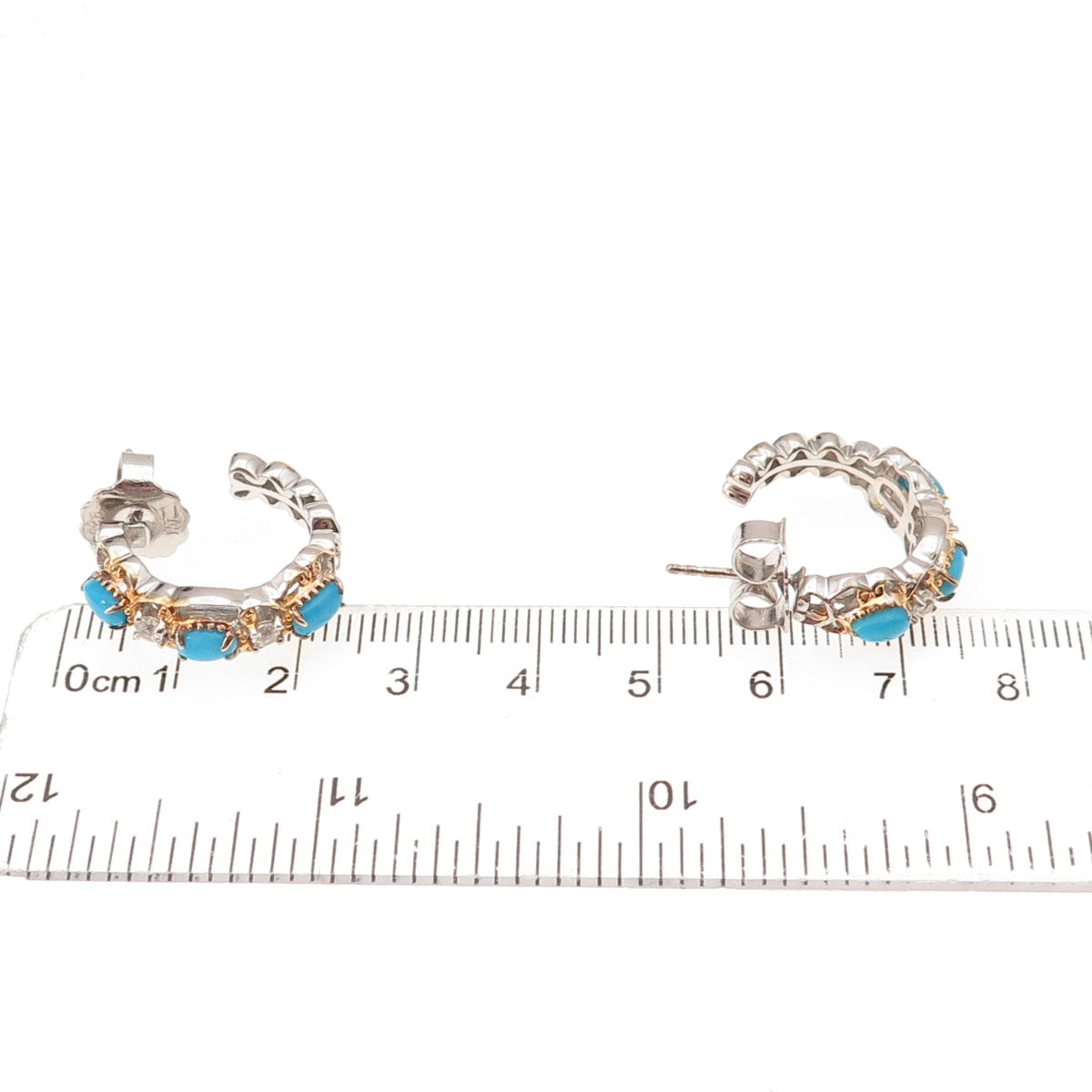 925 Sterling 2-Tone Real Sleeping Beauty Turquoise & White Topaz Hoop Earrings