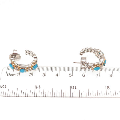 925 Sterling 2-Tone Real Sleeping Beauty Turquoise & White Topaz Hoop Earrings