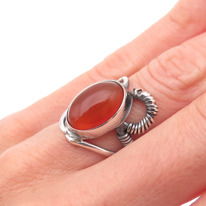 925 Sterling Silver Vintage Real Carnelian Modernist Oxidized Ring Size 4.5