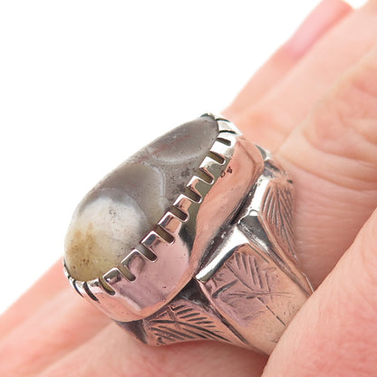 925 Sterling Silver Antique Art Deco Real Agate Oxidized Ring Size 9.75