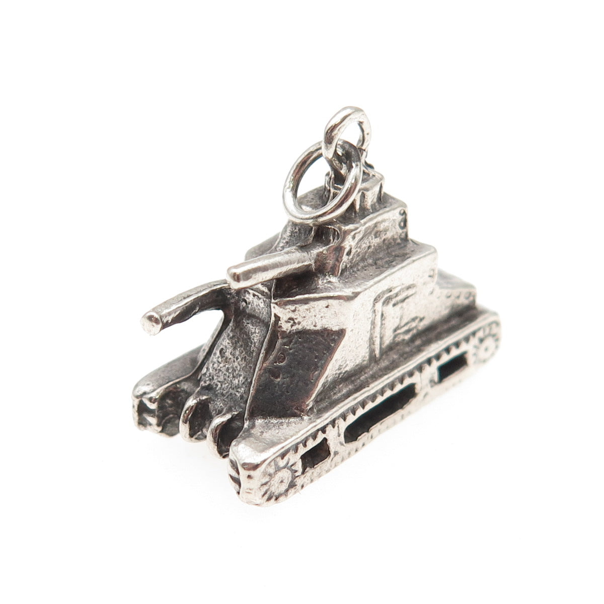 925 Sterling Silver Vintage Army Tank Oxidized 3D Mini Charm Pendant