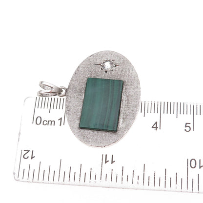 Daito S.A. Sterling Silver Vintage Mexico Real Malachite & C Z Modernist Pendant