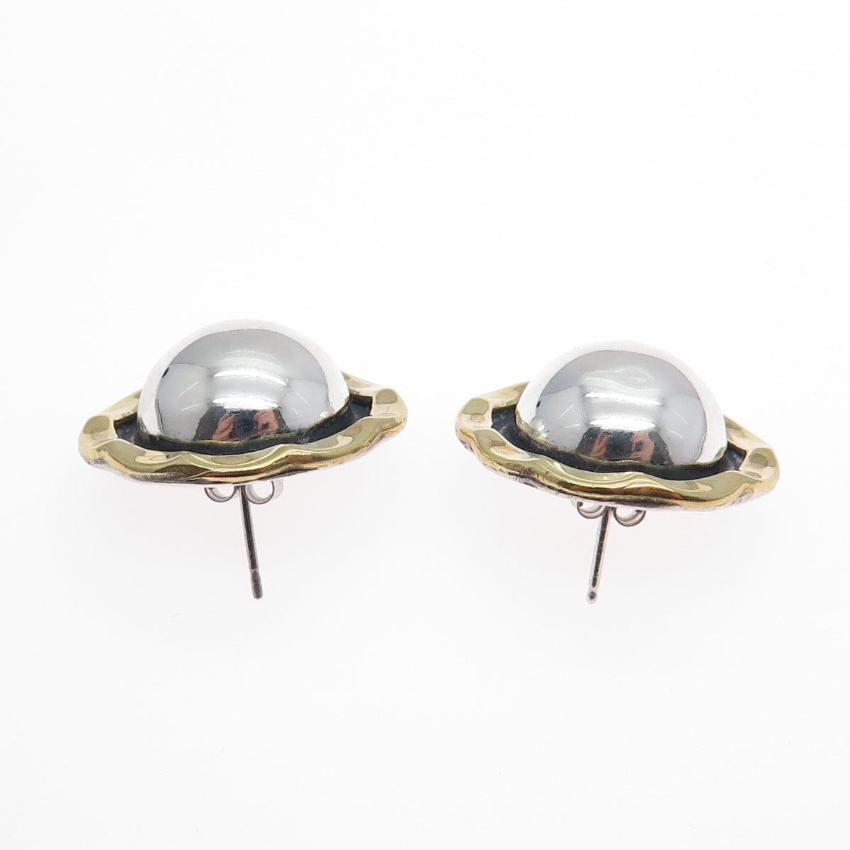 LATON Sterling Silver 2-Tone Vintage Mexico Modernist Flower Oxidized Earrings