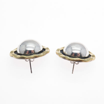 LATON Sterling Silver 2-Tone Vintage Mexico Modernist Flower Oxidized Earrings