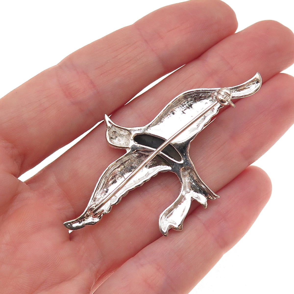 925 Sterling Silver Vintage Real Black Onyx Flying Bird Pin Brooch