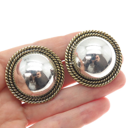 925 Sterling Silver 2-Tone Vintage Mexico Modernist Dome Clip On Earrings