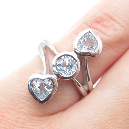 925 Sterling Silver Real Round & Heart-Cut Blue Topaz Bypass Ring Size 6