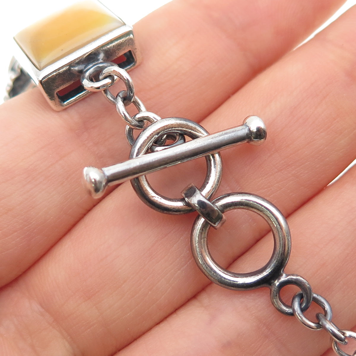 Whitney Kelly 925 Sterling Vintage Real Tiger Eye Jasper & MOP Bracelet 7-7.25"