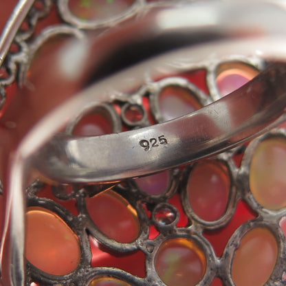 925 Sterling Silver Vintage Real Opal White Topaz Statement Oxidized Ring Size 7
