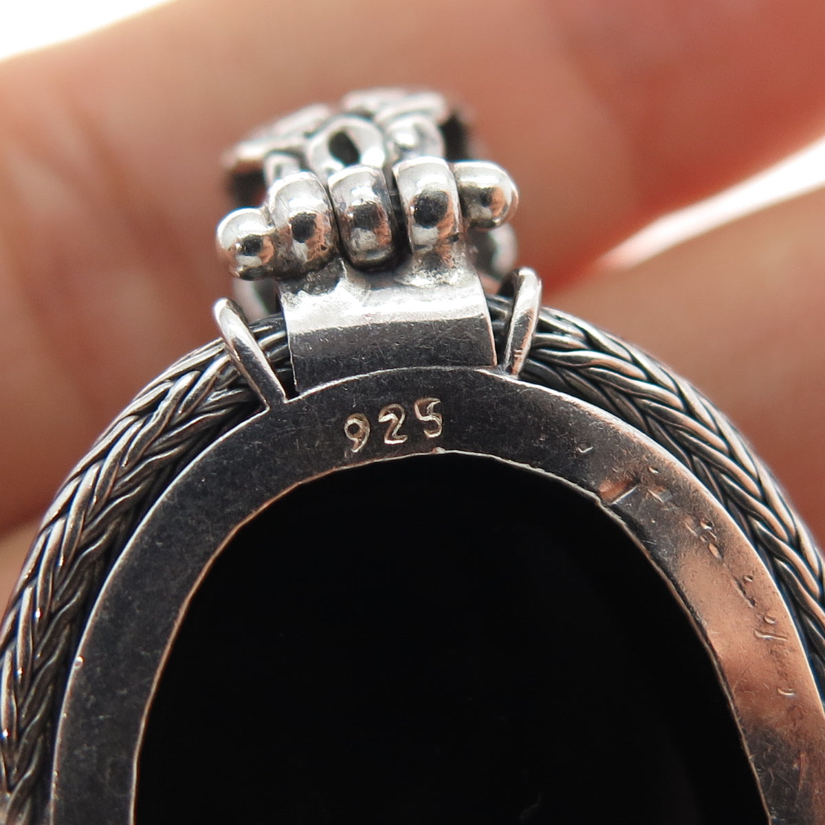 925 Sterling Silver Vintage Real Black Onyx Ornate Oxidized Pendant