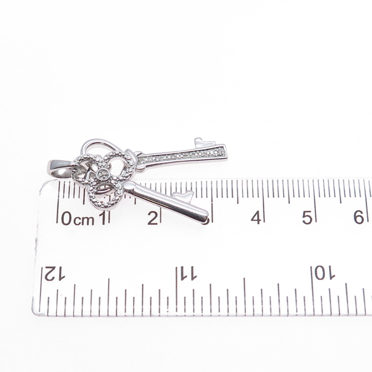 925 Sterling Silver Real Round-Cut Diamond Heart & Club Key Charm Pendant