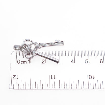 925 Sterling Silver Real Round-Cut Diamond Heart & Club Key Charm Pendant