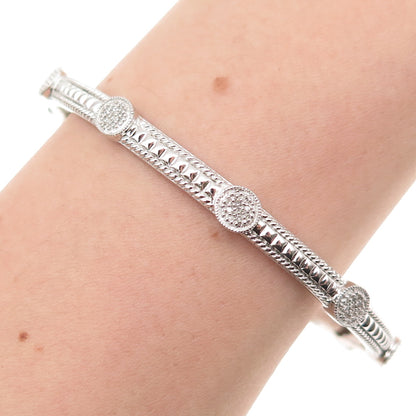 Leslie 925 Sterling Silver Real Round-Cut Diamond Station Bangle Bracelet 8.25"
