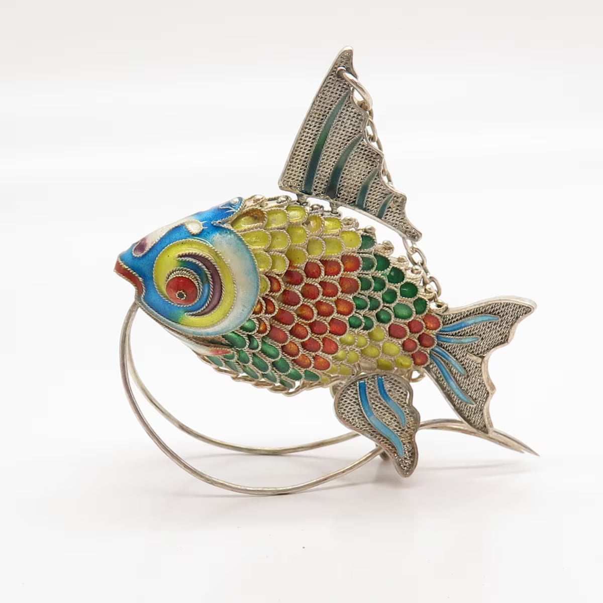 925 Sterling Silver Antique Enamel Articulated Chinese Koi Fish Chatelaine Fob