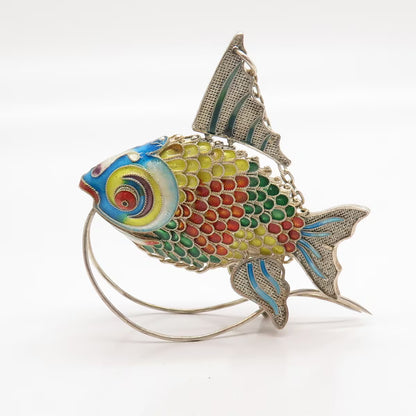 925 Sterling Silver Antique Enamel Articulated Chinese Koi Fish Chatelaine Fob