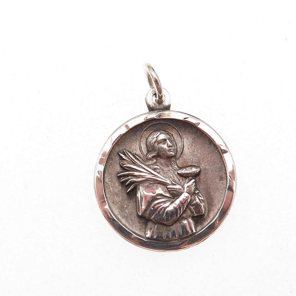 925 Sterling Silver Antique Art Deco St. Lucy Religious Medal Oxidized Pendant