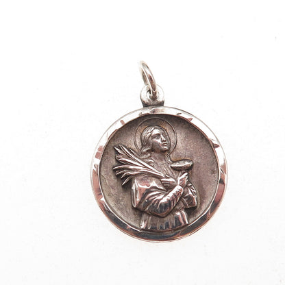 925 Sterling Silver Antique Art Deco St. Lucy Religious Medal Oxidized Pendant