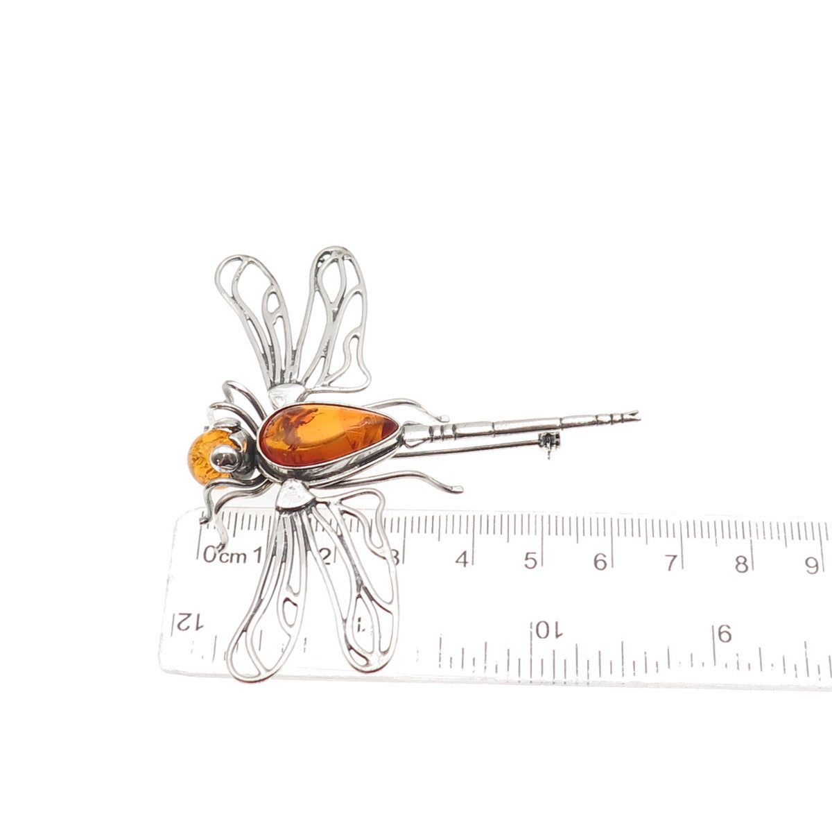 925 Sterling Silver Vintage Real Amber Dragonfly Oxidized Pin Brooch