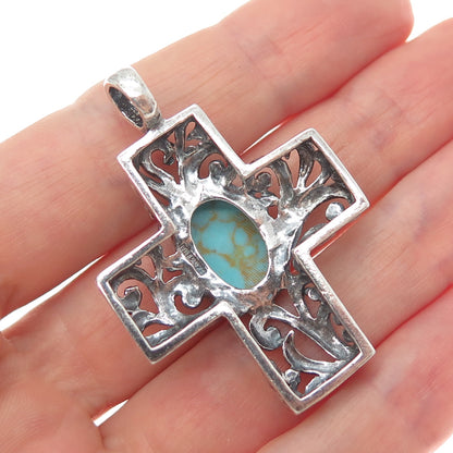 925 Sterling Silver Vintage Real Lone Mountain Turquoise Cross Charm Pendant