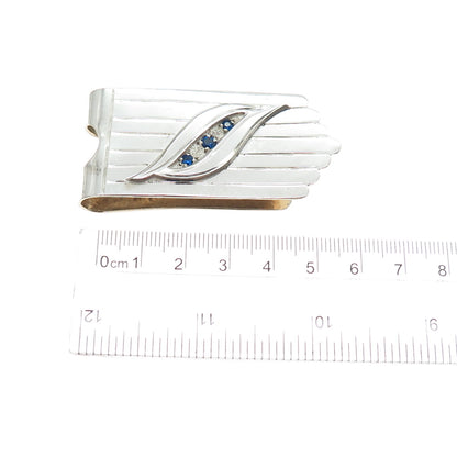 925 Sterling Silver Overlaid Vintage Mexico Blue Rhinestone Modernist Money Clip