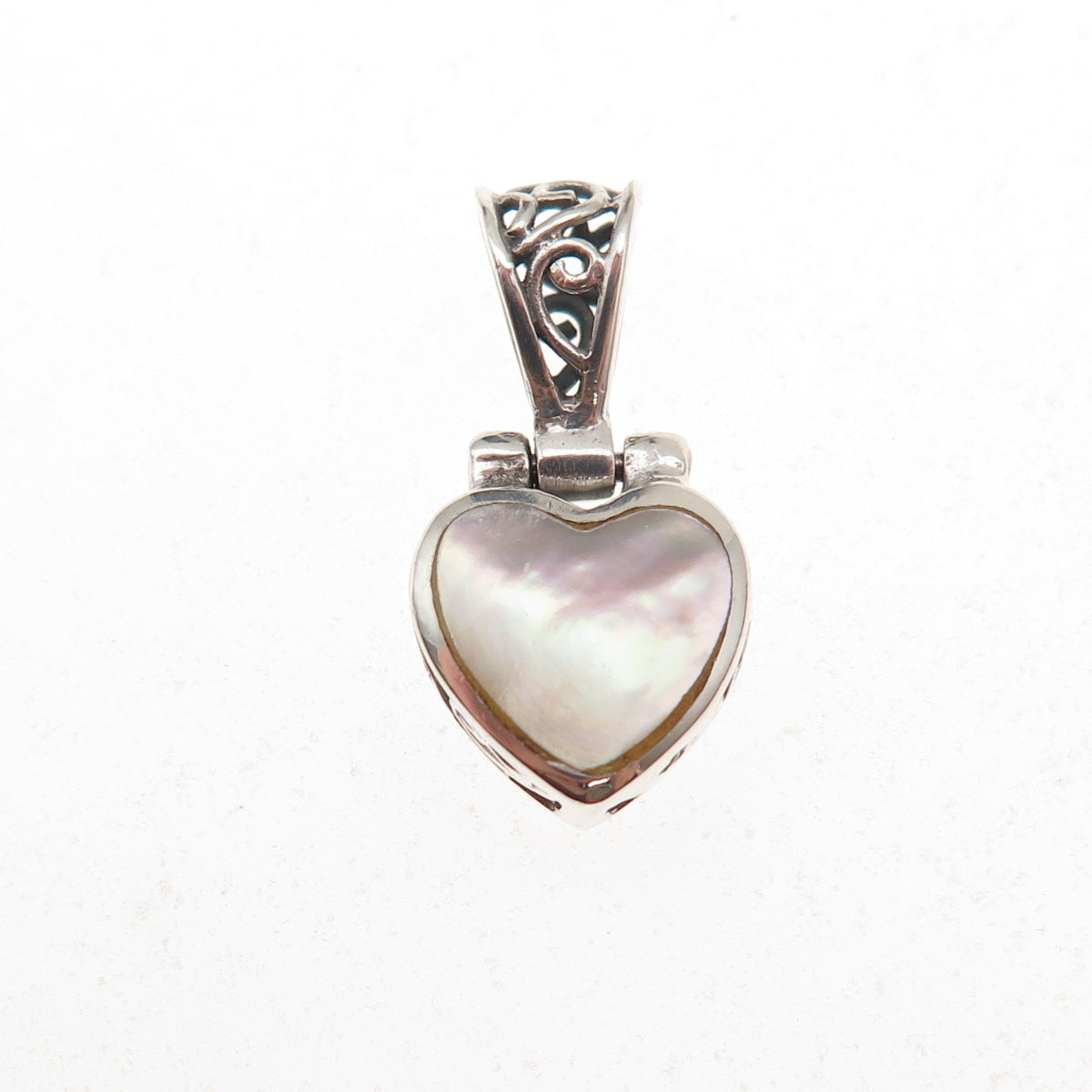 925 Sterling Silver Vintage Real MOP Heart Oxidized Charm Pendant