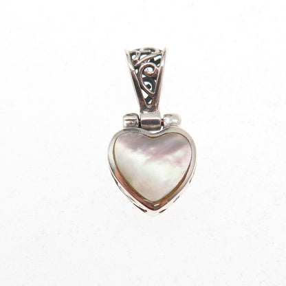 925 Sterling Silver Vintage Real MOP Heart Oxidized Charm Pendant