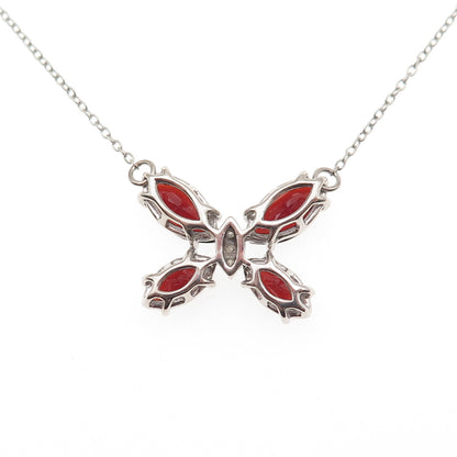 925 Sterling Silver Real Diamond & Red Garnet Butterfly Cable Chain Necklace 18"