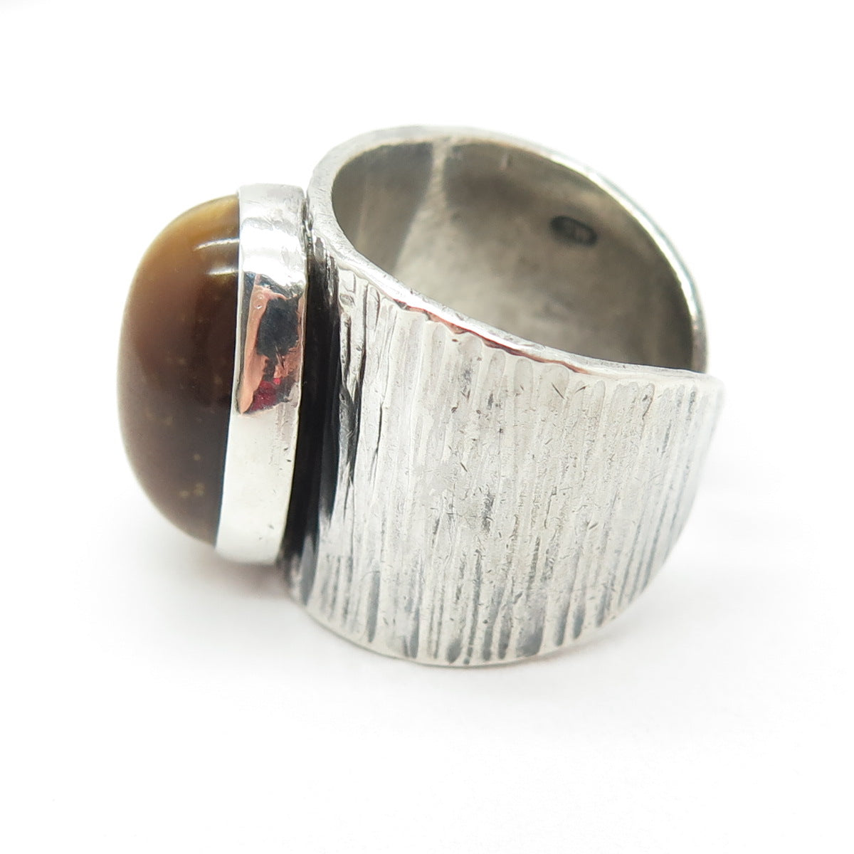 925 Sterling Silver Vintage 1966 SW London Tiger Eye Adjustable Ring Size 7.5