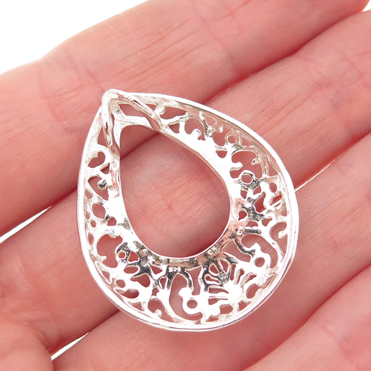 925 Sterling Silver Vintage Ornate Floral Teardrop Slide Pendant