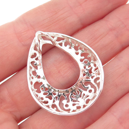 925 Sterling Silver Vintage Ornate Floral Teardrop Slide Pendant