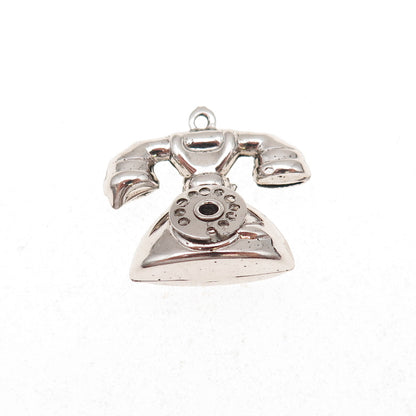 925 Sterling Silver Vintage Retro Rotary Phone 3D Charm Pendant