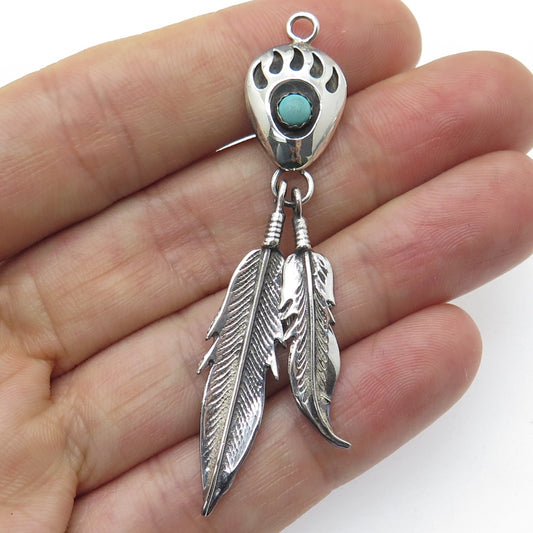 Old Pawn Sterling Silver Vintage Turquoise Snake Eye Bear Paw Feather Pendant