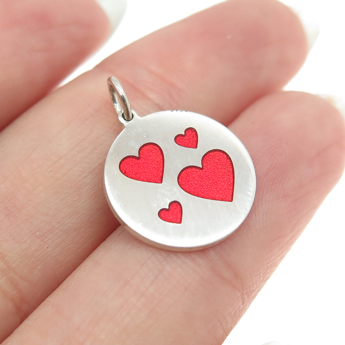 925 Sterling Silver Red Enamel Family Heart Round Tag Minimalist Charm Pendant