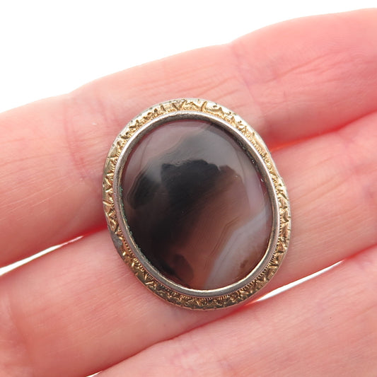925 Sterling Silver Gold Plated Antique Art Deco Real Agate Pin Brooch