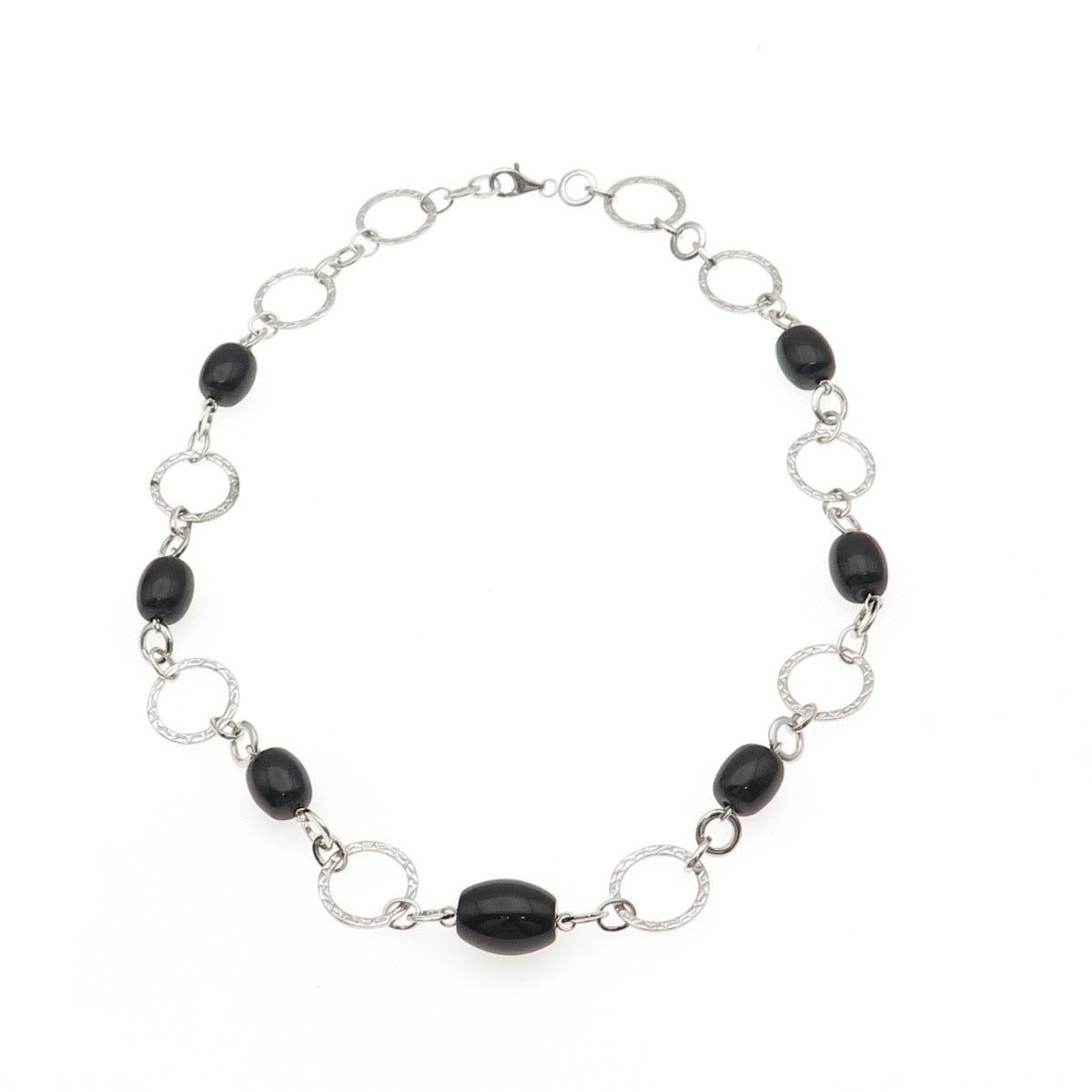 HN Heng Ngai Sterling Silver Vintage Real Black Onyx Circle Chain Necklace 18"