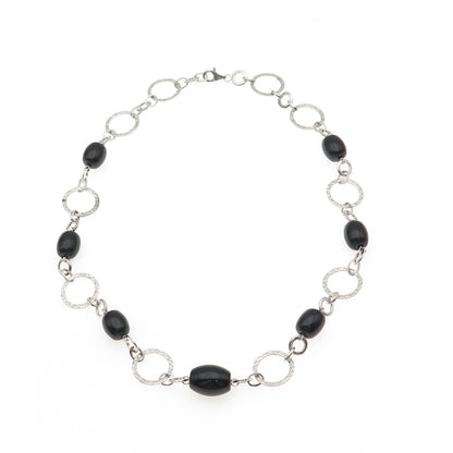 HN Heng Ngai Sterling Silver Vintage Real Black Onyx Circle Chain Necklace 18"