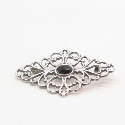 925 Sterling Silver Vintage Real Black Onyx Gem Ornate Pin Brooch