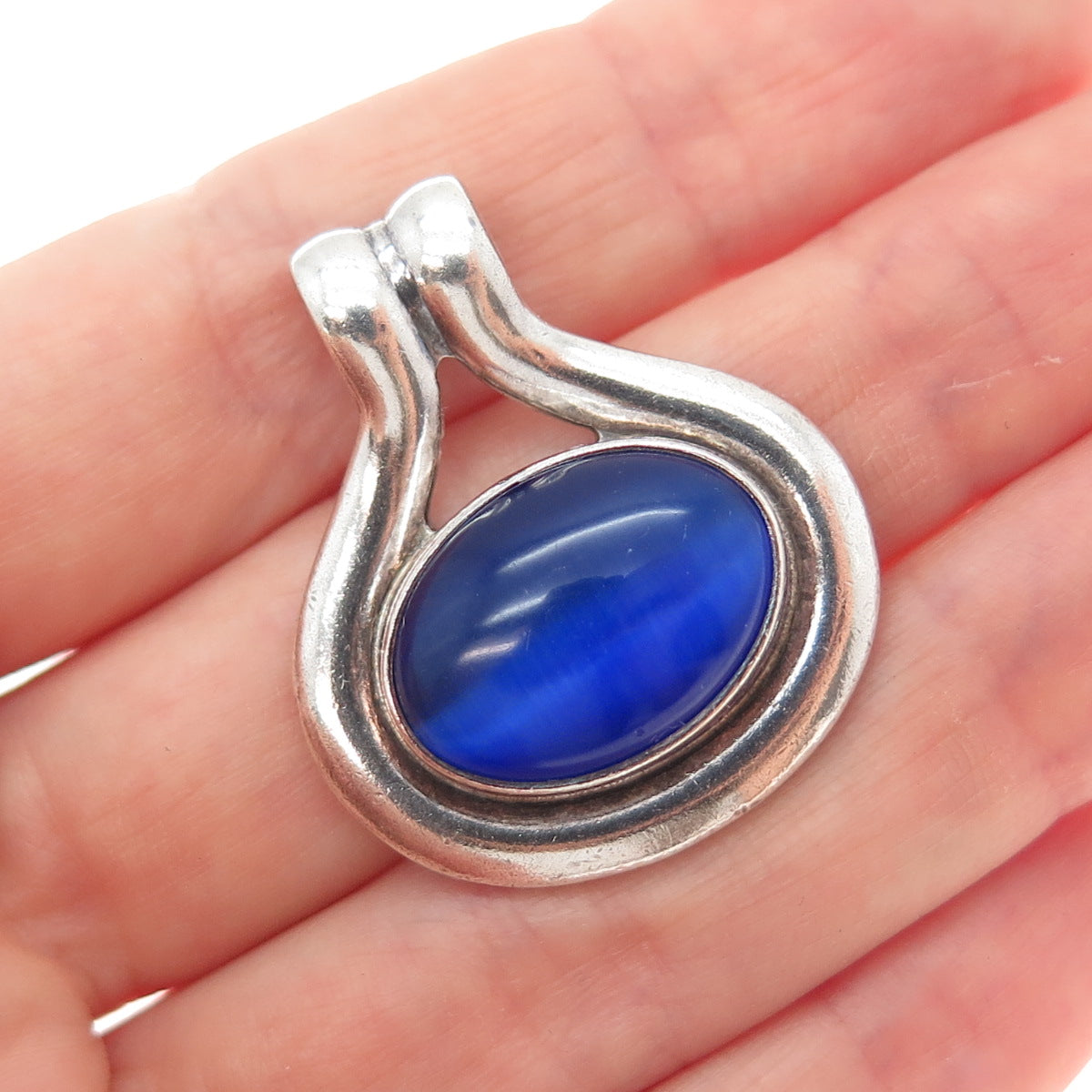 925 Sterling Silver Vintage Optic Fiber Cat's Eye Modernist Slide Charm Pendant