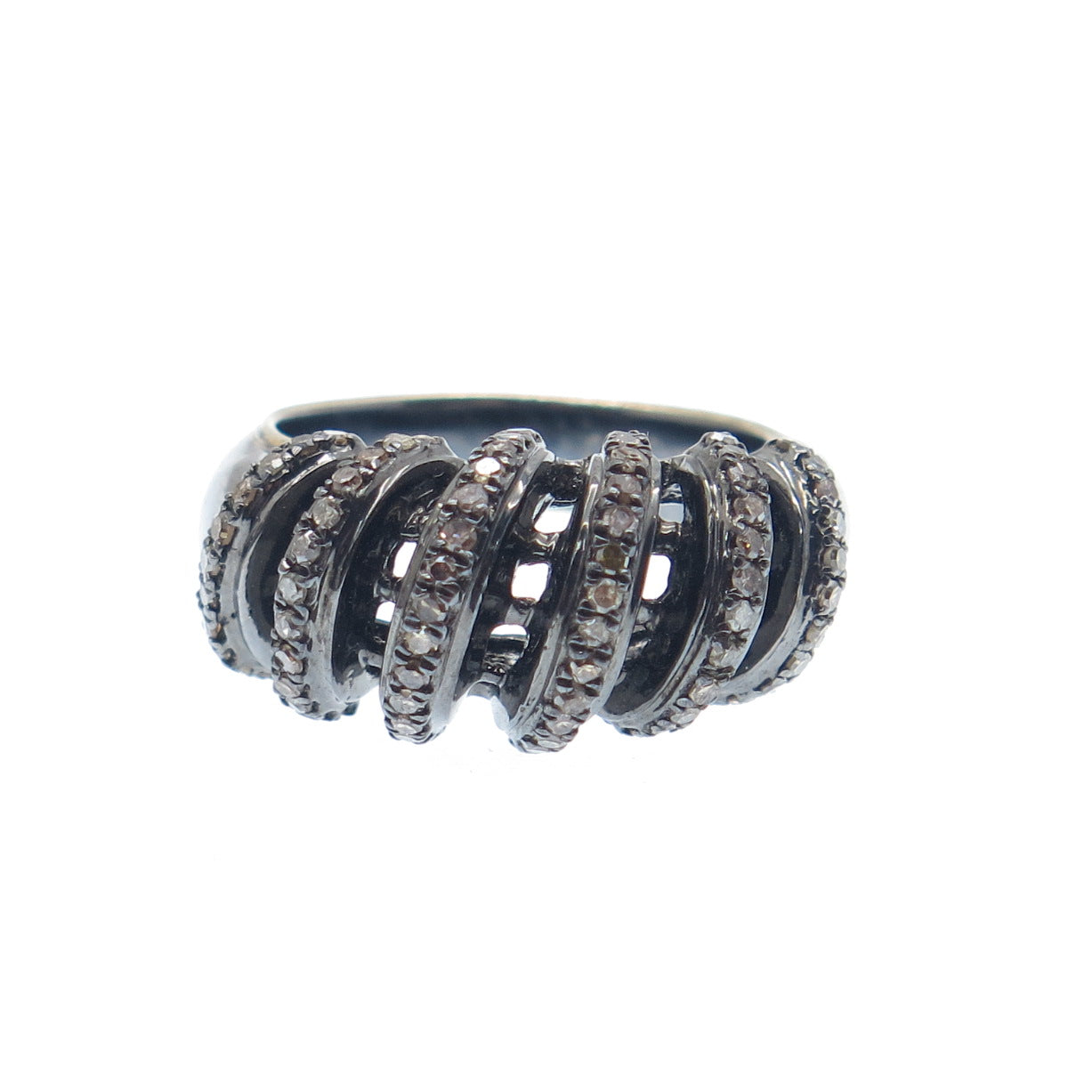 925 Sterling Silver Black Rhodium 2-Tone Real Diamond Twisted Ring Size 7.25